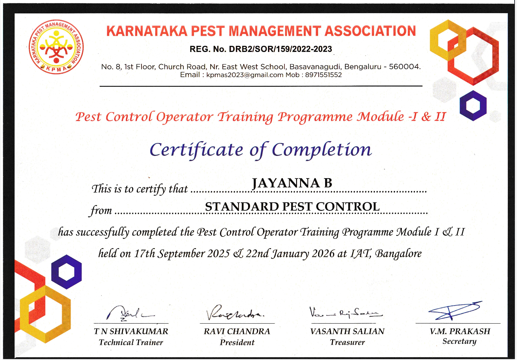 Standard Pest Control certificate