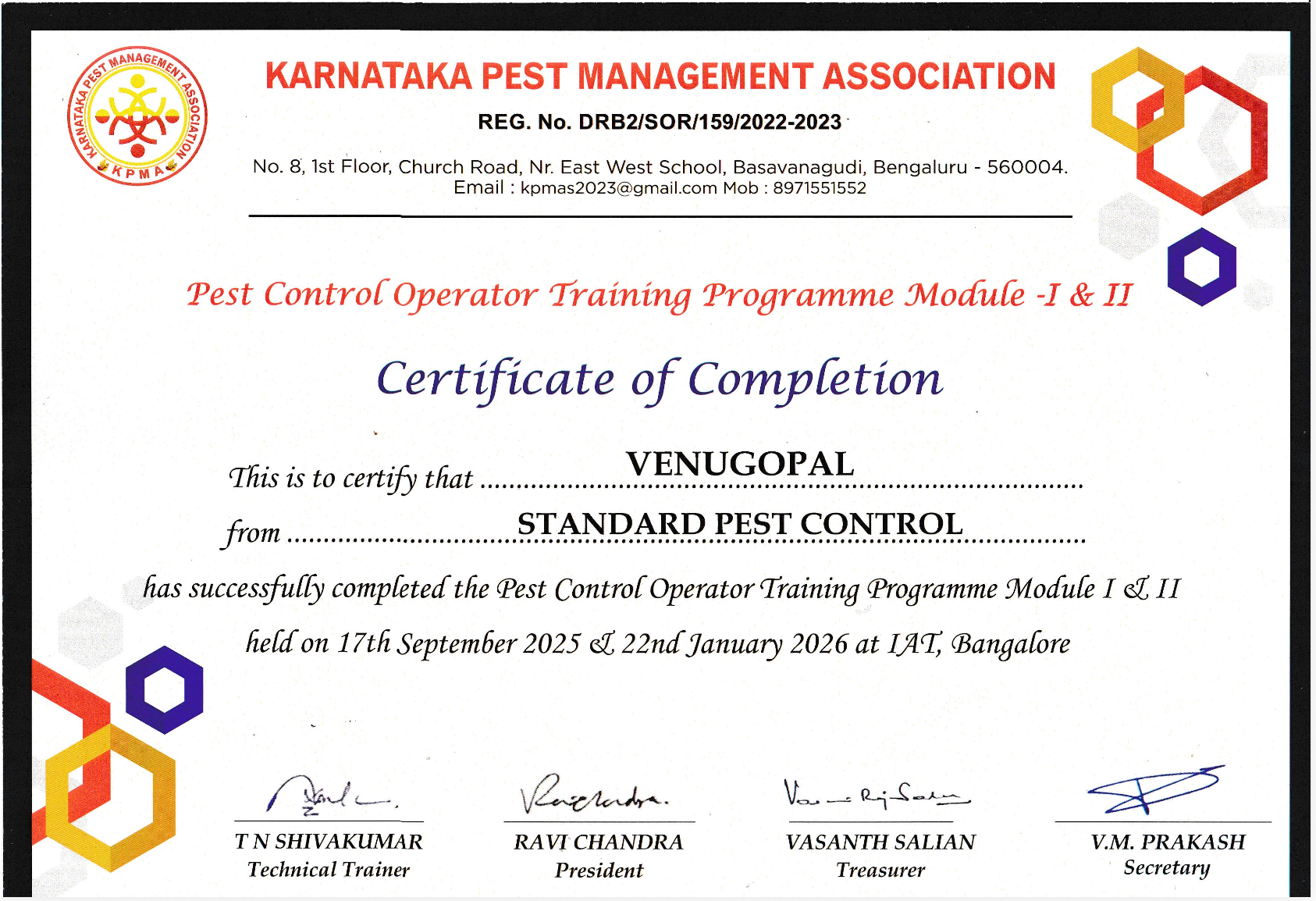 Standard Pest Control certificate
