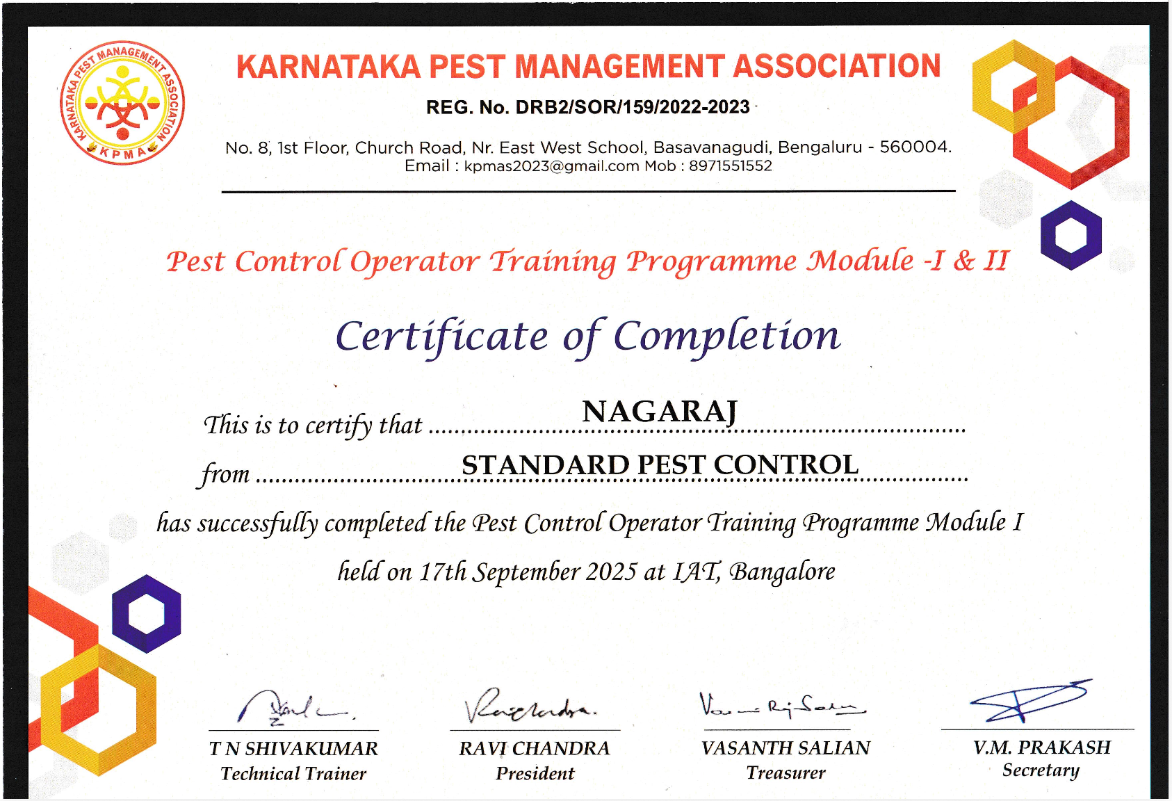Standard Pest Control certificate